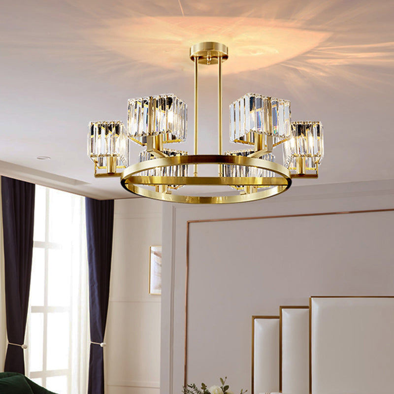 4/6 Bulbs Ring Frame Semi Flush Chandelier Modern Clear Crystal Cubic Shade Flush Mount Lighting in Gold Clearhalo 'Ceiling Lights' 'Close To Ceiling Lights' 'Close to ceiling' 'Semi-flushmount' Lighting' 1400115