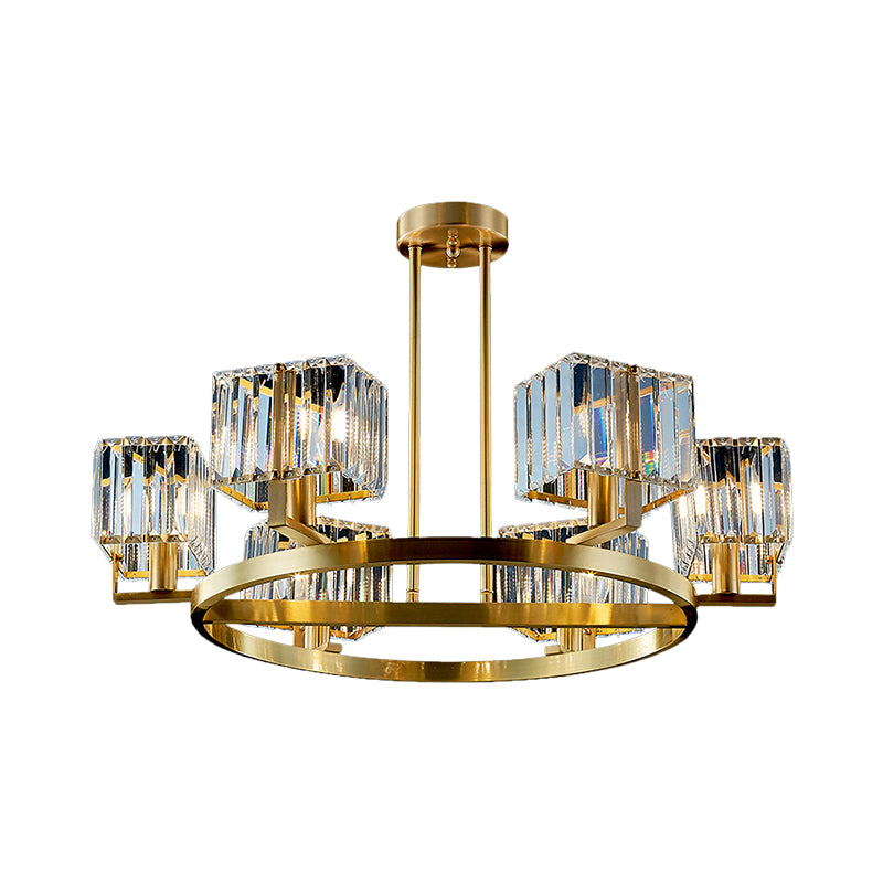 4/6 Bulbs Ring Frame Semi Flush Chandelier Modern Clear Crystal Cubic Shade Flush Mount Lighting in Gold Clearhalo 'Ceiling Lights' 'Close To Ceiling Lights' 'Close to ceiling' 'Semi-flushmount' Lighting' 1400116