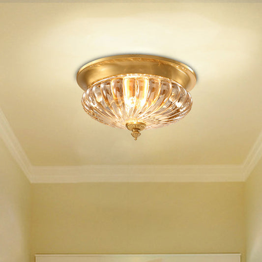 Gold 2 Bulbs Flush Mount Lamp Modern Crystal Striped Shade Bowl Ceiling Lighting with Metal Spear Gold Clearhalo 'Ceiling Lights' 'Close To Ceiling Lights' 'Close to ceiling' 'Flush mount' Lighting' 1400123