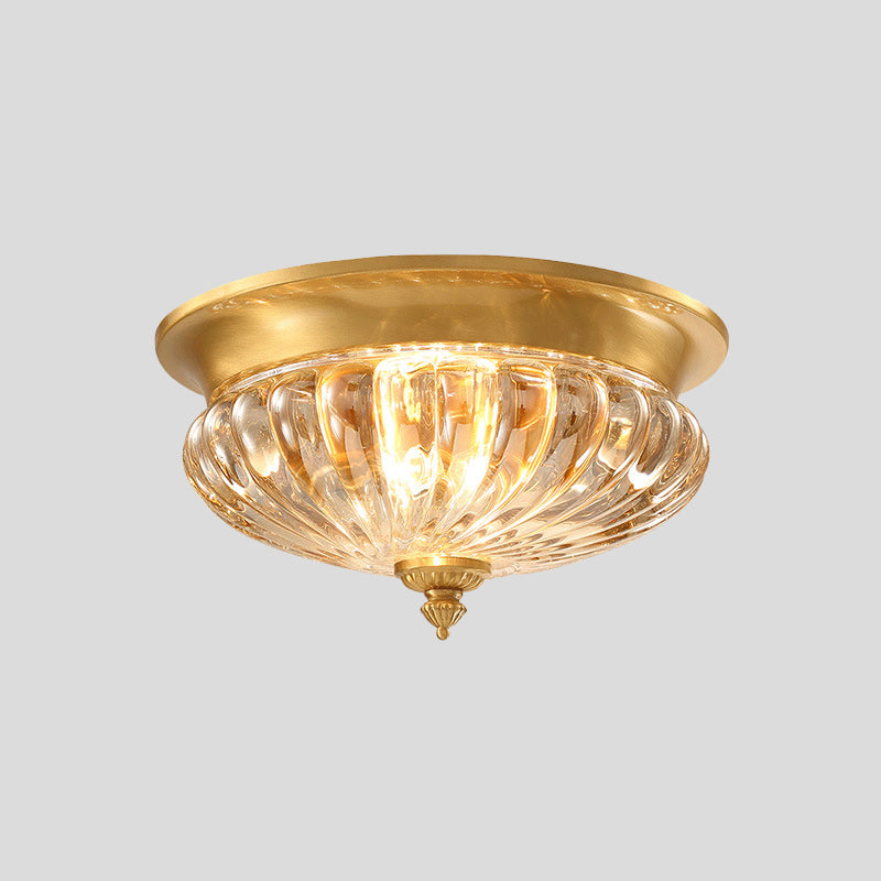 Gold 2 Bulbs Flush Mount Lamp Modern Crystal Striped Shade Bowl Ceiling Lighting with Metal Spear Clearhalo 'Ceiling Lights' 'Close To Ceiling Lights' 'Close to ceiling' 'Flush mount' Lighting' 1400125