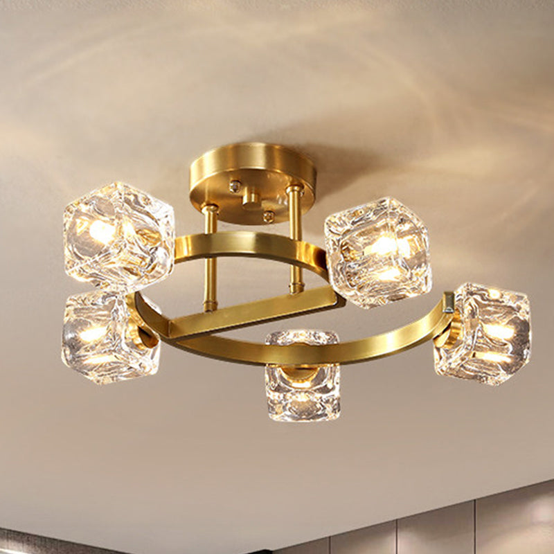 Cubic Clear Crystal Shade Ceiling Fixture Contemporary 5/7 Heads Bedchamber Semi Flush Light in Gold Clearhalo 'Ceiling Lights' 'Close To Ceiling Lights' 'Close to ceiling' 'Semi-flushmount' Lighting' 1400144