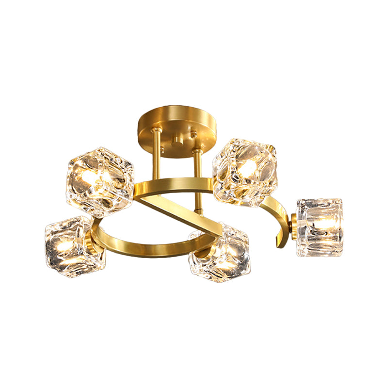 Cubic Clear Crystal Shade Ceiling Fixture Contemporary 5/7 Heads Bedchamber Semi Flush Light in Gold Clearhalo 'Ceiling Lights' 'Close To Ceiling Lights' 'Close to ceiling' 'Semi-flushmount' Lighting' 1400145