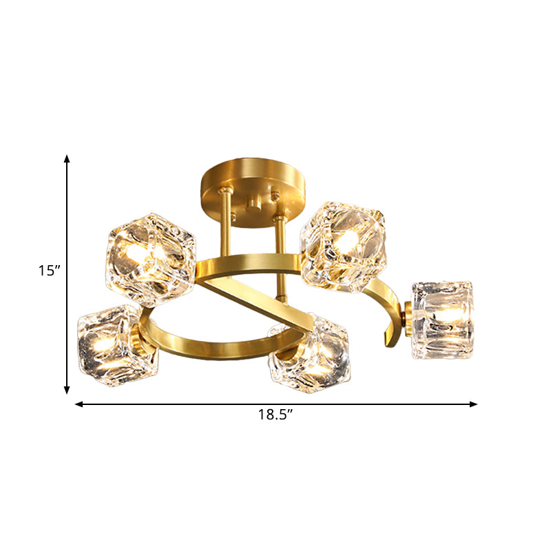 Cubic Clear Crystal Shade Ceiling Fixture Contemporary 5/7 Heads Bedchamber Semi Flush Light in Gold Clearhalo 'Ceiling Lights' 'Close To Ceiling Lights' 'Close to ceiling' 'Semi-flushmount' Lighting' 1400146