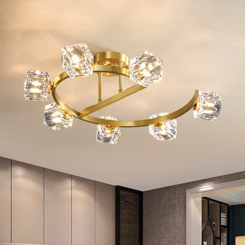 Cubic Clear Crystal Shade Ceiling Fixture Contemporary 5/7 Heads Bedchamber Semi Flush Light in Gold 7 Clear Clearhalo 'Ceiling Lights' 'Close To Ceiling Lights' 'Close to ceiling' 'Semi-flushmount' Lighting' 1400147