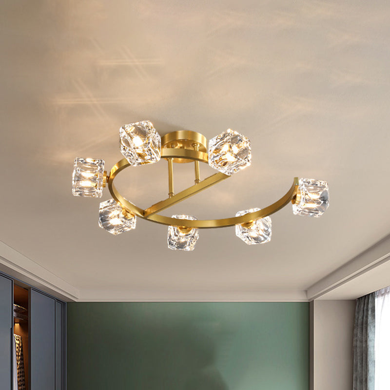 Cubic Clear Crystal Shade Ceiling Fixture Contemporary 5/7 Heads Bedchamber Semi Flush Light in Gold Clearhalo 'Ceiling Lights' 'Close To Ceiling Lights' 'Close to ceiling' 'Semi-flushmount' Lighting' 1400148