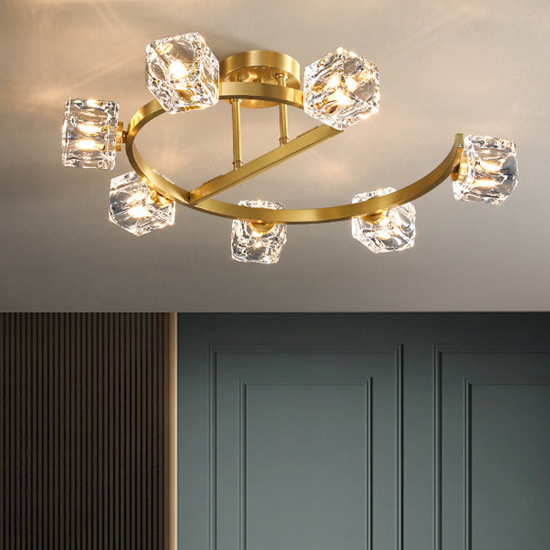 Cubic Clear Crystal Shade Ceiling Fixture Contemporary 5/7 Heads Bedchamber Semi Flush Light in Gold Clearhalo 'Ceiling Lights' 'Close To Ceiling Lights' 'Close to ceiling' 'Semi-flushmount' Lighting' 1400149