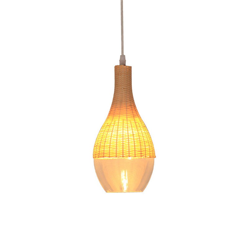 6"/10" Wide Teardrop/Onion Bamboo Hanging Pendant Modern Single Light Yellow Suspension Lamp with Clear Glass Shade Clearhalo 'Ceiling Lights' 'Modern Pendants' 'Modern' 'Pendant Lights' 'Pendants' Lighting' 140015