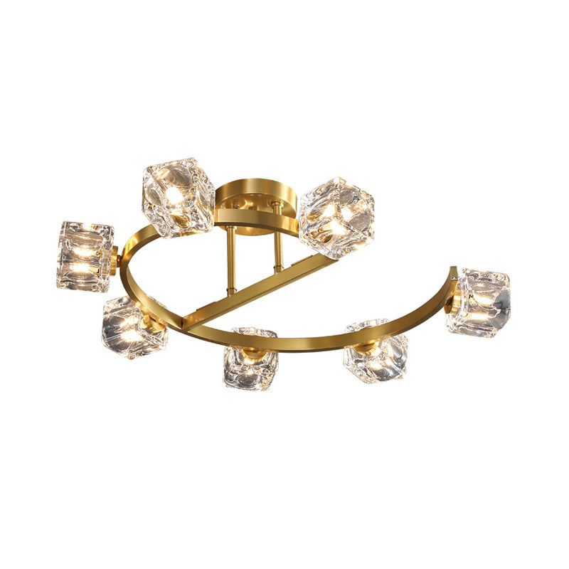 Cubic Clear Crystal Shade Ceiling Fixture Contemporary 5/7 Heads Bedchamber Semi Flush Light in Gold Clearhalo 'Ceiling Lights' 'Close To Ceiling Lights' 'Close to ceiling' 'Semi-flushmount' Lighting' 1400150