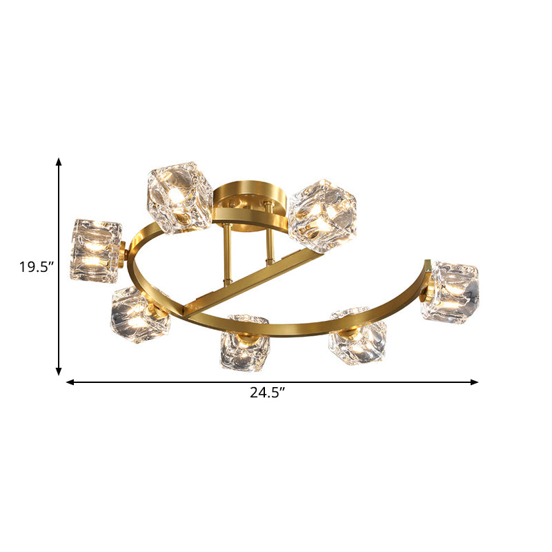 Cubic Clear Crystal Shade Ceiling Fixture Contemporary 5/7 Heads Bedchamber Semi Flush Light in Gold Clearhalo 'Ceiling Lights' 'Close To Ceiling Lights' 'Close to ceiling' 'Semi-flushmount' Lighting' 1400151