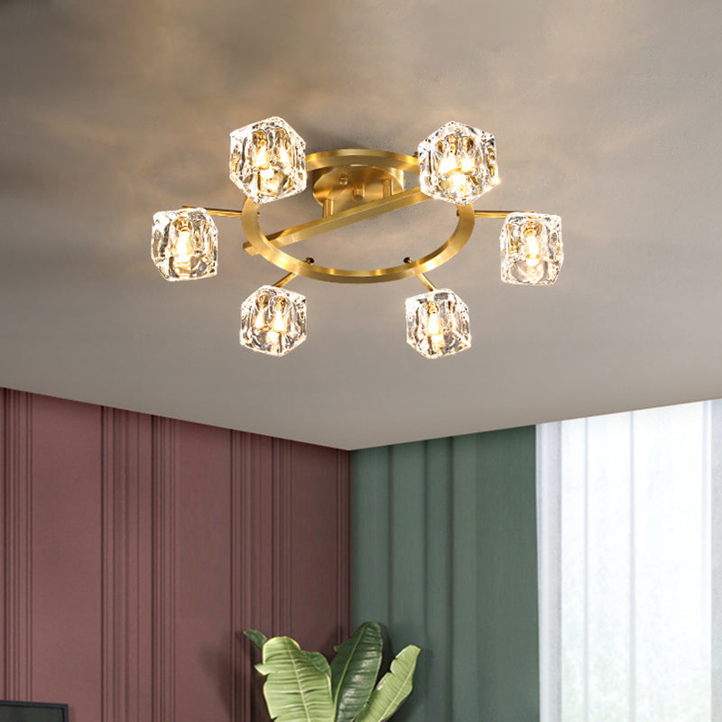 Gold Ring Semi-Flush Mount Modern Clear Crystal Cube Shade 6/8 Bulbs Great Room Ceiling Mounted Light 6 Clear Clearhalo 'Ceiling Lights' 'Close To Ceiling Lights' 'Close to ceiling' 'Semi-flushmount' Lighting' 1400152