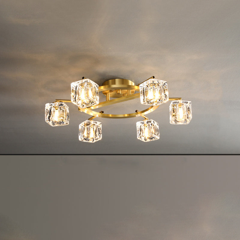 Gold Ring Semi-Flush Mount Modern Clear Crystal Cube Shade 6/8 Bulbs Great Room Ceiling Mounted Light Clearhalo 'Ceiling Lights' 'Close To Ceiling Lights' 'Close to ceiling' 'Semi-flushmount' Lighting' 1400153