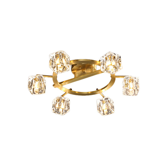 Gold Ring Semi-Flush Mount Modern Clear Crystal Cube Shade 6/8 Bulbs Great Room Ceiling Mounted Light Clearhalo 'Ceiling Lights' 'Close To Ceiling Lights' 'Close to ceiling' 'Semi-flushmount' Lighting' 1400154