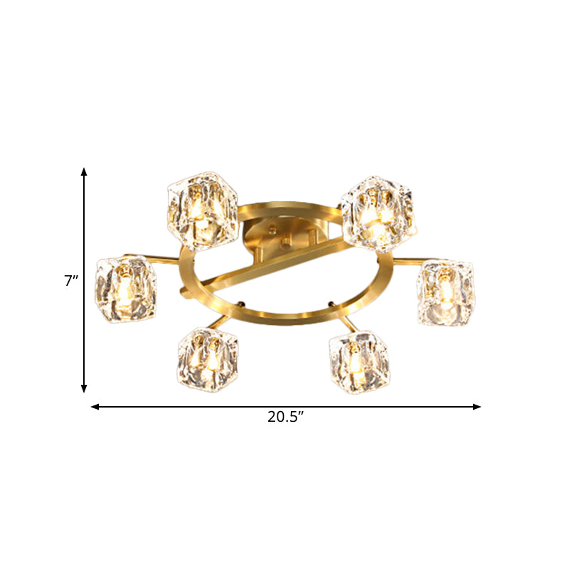 Gold Ring Semi-Flush Mount Modern Clear Crystal Cube Shade 6/8 Bulbs Great Room Ceiling Mounted Light Clearhalo 'Ceiling Lights' 'Close To Ceiling Lights' 'Close to ceiling' 'Semi-flushmount' Lighting' 1400155