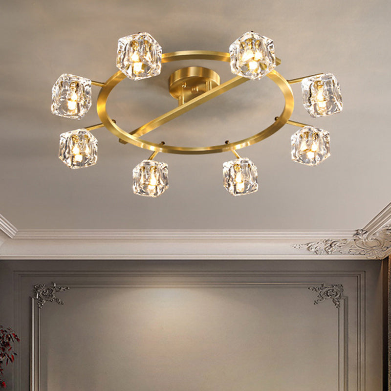 Gold Ring Semi-Flush Mount Modern Clear Crystal Cube Shade 6/8 Bulbs Great Room Ceiling Mounted Light 8 Clear Clearhalo 'Ceiling Lights' 'Close To Ceiling Lights' 'Close to ceiling' 'Semi-flushmount' Lighting' 1400156