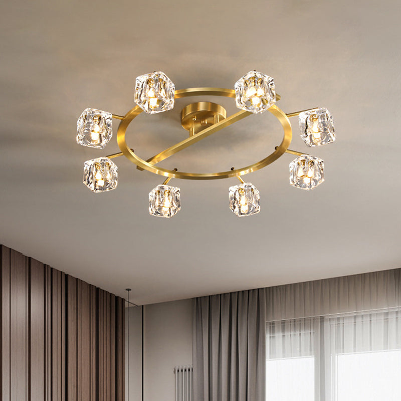 Gold Ring Semi-Flush Mount Modern Clear Crystal Cube Shade 6/8 Bulbs Great Room Ceiling Mounted Light Clearhalo 'Ceiling Lights' 'Close To Ceiling Lights' 'Close to ceiling' 'Semi-flushmount' Lighting' 1400157