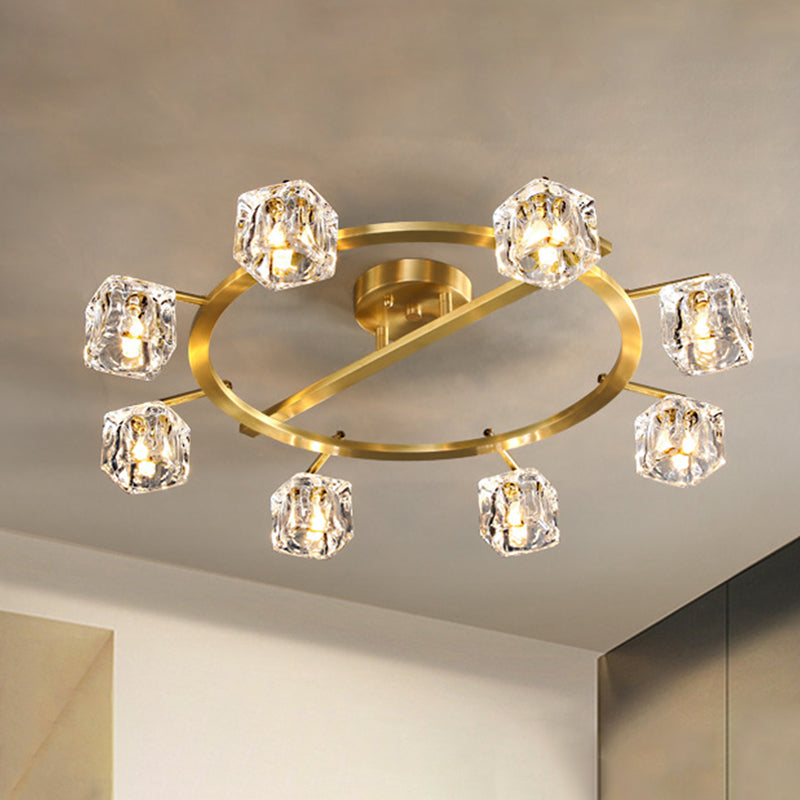 Gold Ring Semi-Flush Mount Modern Clear Crystal Cube Shade 6/8 Bulbs Great Room Ceiling Mounted Light Clearhalo 'Ceiling Lights' 'Close To Ceiling Lights' 'Close to ceiling' 'Semi-flushmount' Lighting' 1400158