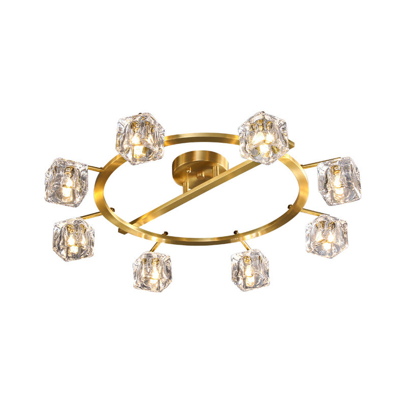 Gold Ring Semi-Flush Mount Modern Clear Crystal Cube Shade 6/8 Bulbs Great Room Ceiling Mounted Light Clearhalo 'Ceiling Lights' 'Close To Ceiling Lights' 'Close to ceiling' 'Semi-flushmount' Lighting' 1400159