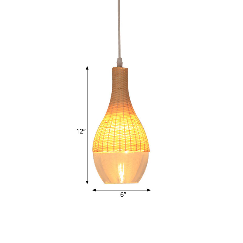 6"/10" Wide Teardrop/Onion Bamboo Hanging Pendant Modern Single Light Yellow Suspension Lamp with Clear Glass Shade Clearhalo 'Ceiling Lights' 'Modern Pendants' 'Modern' 'Pendant Lights' 'Pendants' Lighting' 140016