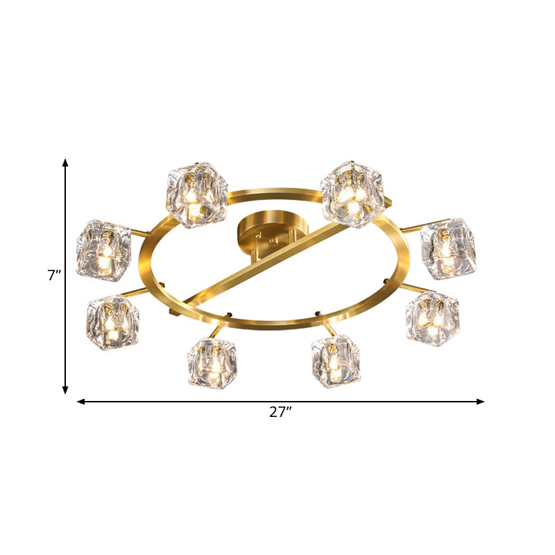 Gold Ring Semi-Flush Mount Modern Clear Crystal Cube Shade 6/8 Bulbs Great Room Ceiling Mounted Light Clearhalo 'Ceiling Lights' 'Close To Ceiling Lights' 'Close to ceiling' 'Semi-flushmount' Lighting' 1400160