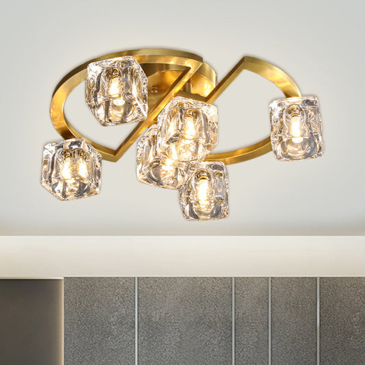 Semicircle Frame Parlour Lighting Fixture Contemporary Clear Glass Cubic Shade 6/8 Heads Gold Semi Flush Clearhalo 'Ceiling Lights' 'Close To Ceiling Lights' 'Close to ceiling' 'Semi-flushmount' Lighting' 1400176