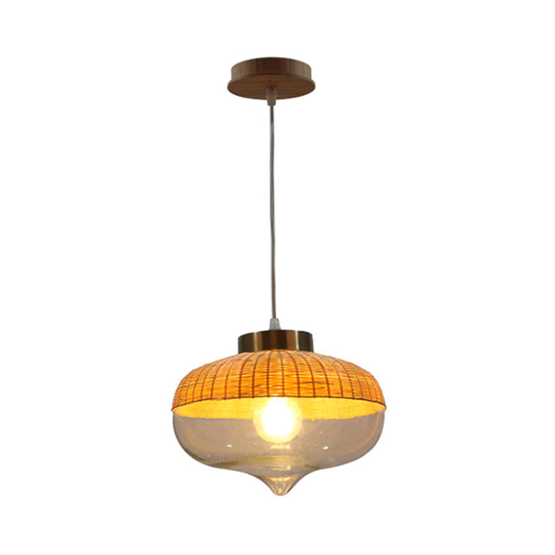 6"/10" Wide Teardrop/Onion Bamboo Hanging Pendant Modern Single Light Yellow Suspension Lamp with Clear Glass Shade Clearhalo 'Ceiling Lights' 'Modern Pendants' 'Modern' 'Pendant Lights' 'Pendants' Lighting' 140019