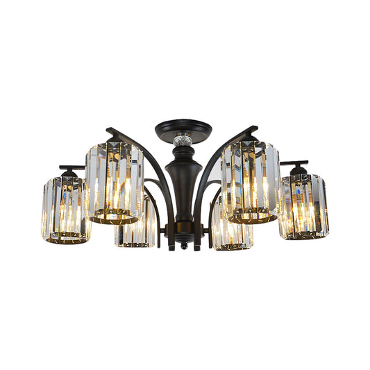 3/6 Bulbs Semi Flush Modern Clear Crystal Cylindrical Shade Light Fixture Ceiling in Black Clearhalo 'Ceiling Lights' 'Close To Ceiling Lights' 'Close to ceiling' 'Semi-flushmount' Lighting' 1400192