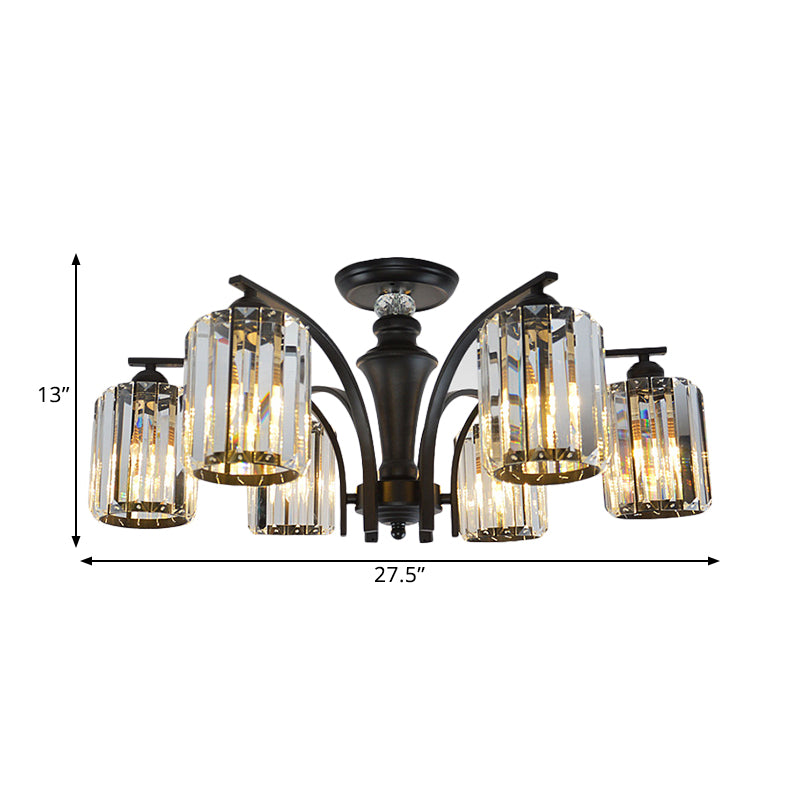 3/6 Bulbs Semi Flush Modern Clear Crystal Cylindrical Shade Light Fixture Ceiling in Black Clearhalo 'Ceiling Lights' 'Close To Ceiling Lights' 'Close to ceiling' 'Semi-flushmount' Lighting' 1400194