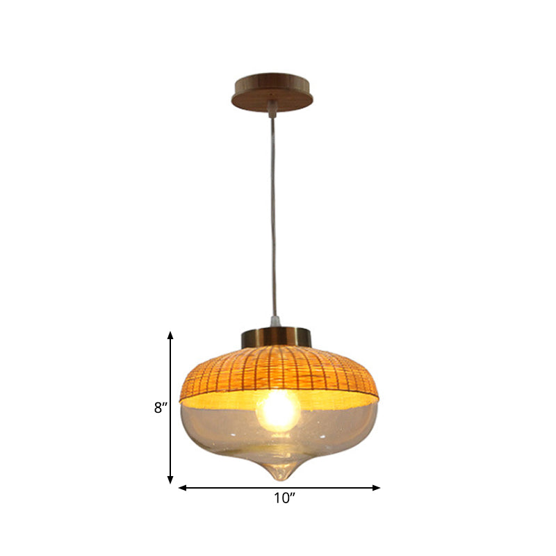 6"/10" Wide Teardrop/Onion Bamboo Hanging Pendant Modern Single Light Yellow Suspension Lamp with Clear Glass Shade Clearhalo 'Ceiling Lights' 'Modern Pendants' 'Modern' 'Pendant Lights' 'Pendants' Lighting' 140020