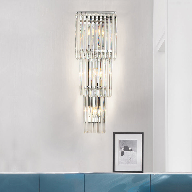 Contemporary Tapered Wall Sconce Light 3 Heads Prismatic Clear Glass Shade Wall Mounted Lamp Clear Clearhalo 'Modern wall lights' 'Modern' 'Wall Lamps & Sconces' 'Wall Lights' Lighting' 1400203