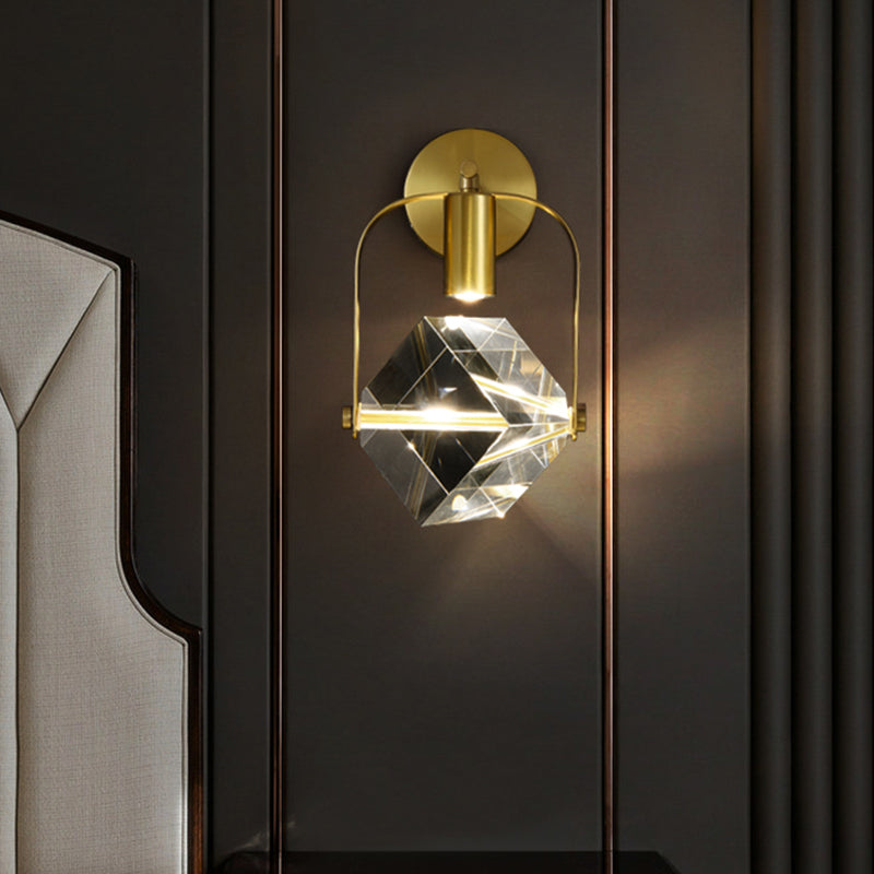 Gold Cube Wall Mount Lighting Modern Clear Crystal Sleeping Room LED Handle Sconce Light Fixture Clear Clearhalo 'Modern wall lights' 'Modern' 'Wall Lamps & Sconces' 'Wall Lights' Lighting' 1400215