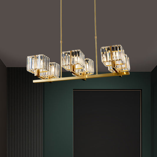 Crooked Arm Dinning Room Island Pendant Modern Crystal Cuboid Shade 6 Bulbs Gold Island Light Fixture Gold Clearhalo 'Ceiling Lights' 'Island Lights' Lighting' 1400223