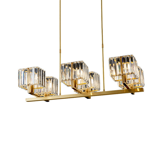 Crooked Arm Dinning Room Island Pendant Modern Crystal Cuboid Shade 6 Bulbs Gold Island Light Fixture Clearhalo 'Ceiling Lights' 'Island Lights' Lighting' 1400225