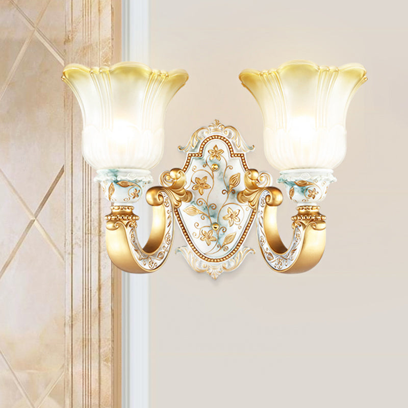 Traditional Flower Wall Mount Lamp 1/2-Head Fading Amber and White Glass Sconce in Gold 2.0 Gold Clearhalo 'Wall Lamps & Sconces' 'Wall Lights' Lighting' 1400280