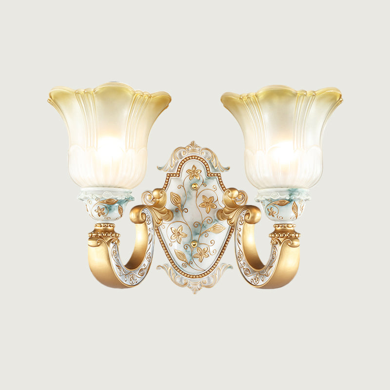 Traditional Flower Wall Mount Lamp 1/2-Head Fading Amber and White Glass Sconce in Gold Clearhalo 'Wall Lamps & Sconces' 'Wall Lights' Lighting' 1400282