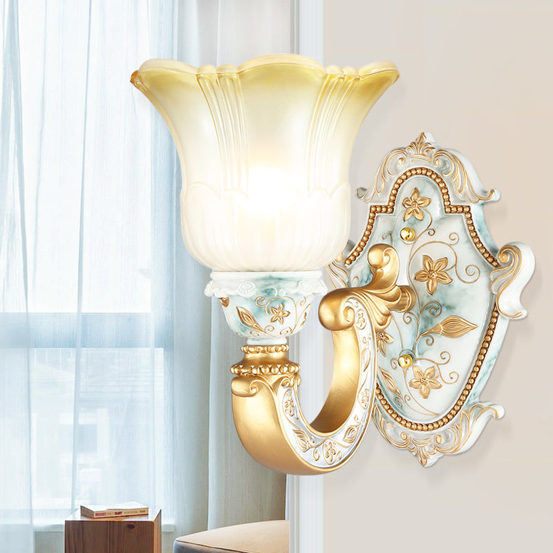 Traditional Flower Wall Mount Lamp 1/2-Head Fading Amber and White Glass Sconce in Gold 1.0 Gold Clearhalo 'Wall Lamps & Sconces' 'Wall Lights' Lighting' 1400284