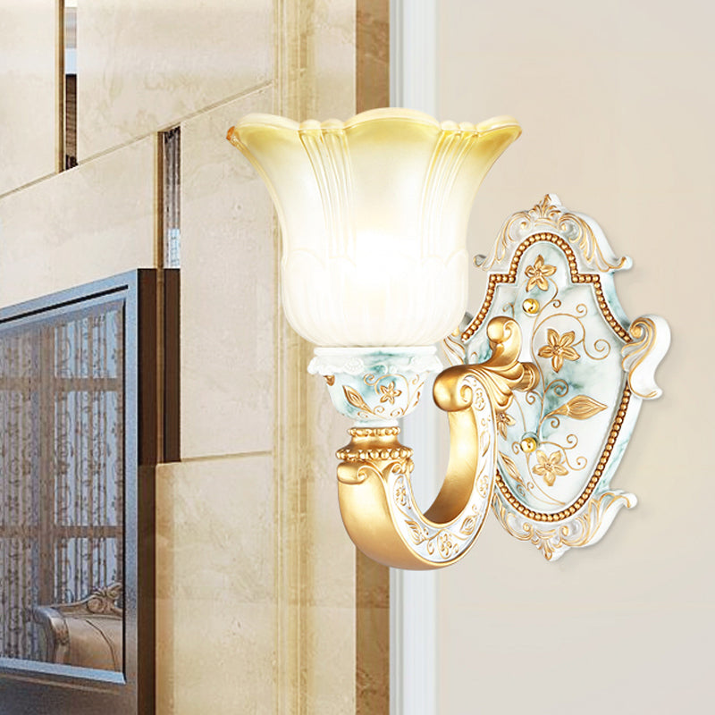 Traditional Flower Wall Mount Lamp 1/2-Head Fading Amber and White Glass Sconce in Gold Clearhalo 'Wall Lamps & Sconces' 'Wall Lights' Lighting' 1400285