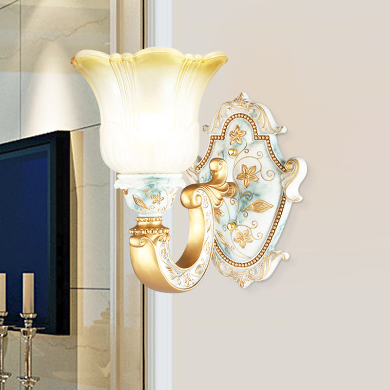 Traditional Flower Wall Mount Lamp 1/2-Head Fading Amber and White Glass Sconce in Gold Clearhalo 'Wall Lamps & Sconces' 'Wall Lights' Lighting' 1400286