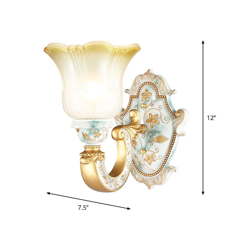 Traditional Flower Wall Mount Lamp 1/2-Head Fading Amber and White Glass Sconce in Gold Clearhalo 'Wall Lamps & Sconces' 'Wall Lights' Lighting' 1400288