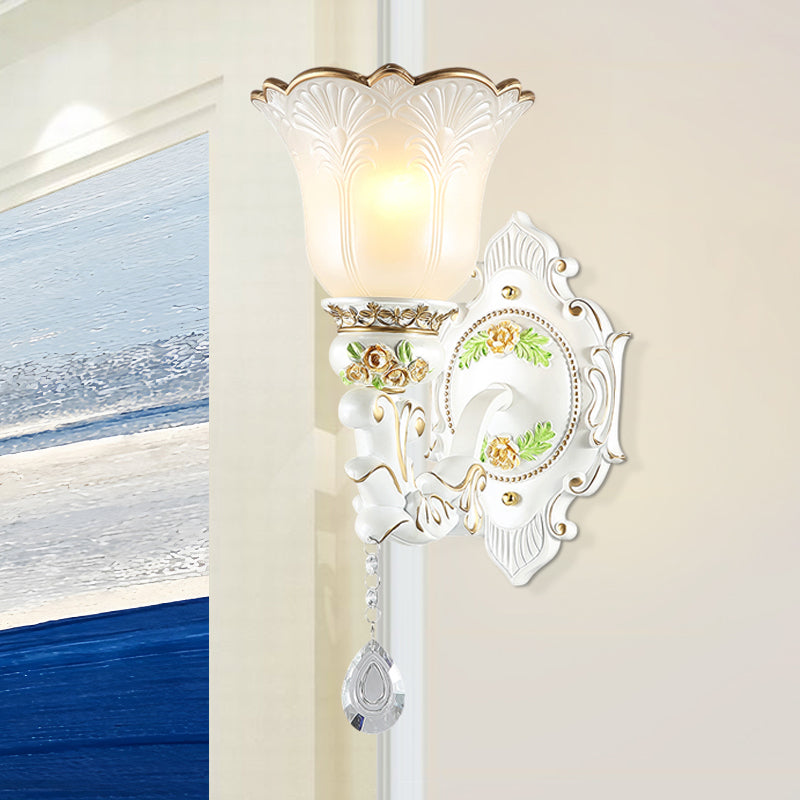 1/2-Light Bellflower Wall Light Sconce Vintage White Glass Wall Mount Fixture with Crystal Drop 1.0 White Clearhalo 'Wall Lamps & Sconces' 'Wall Lights' Lighting' 1400289