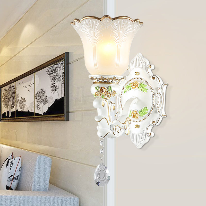 1/2-Light Bellflower Wall Light Sconce Vintage White Glass Wall Mount Fixture with Crystal Drop Clearhalo 'Wall Lamps & Sconces' 'Wall Lights' Lighting' 1400290