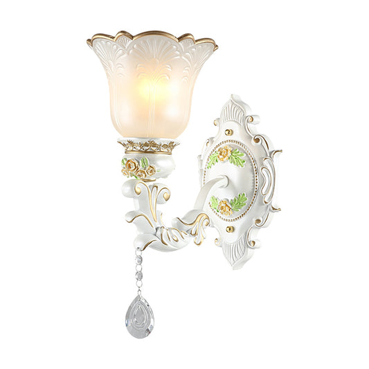 1/2-Light Bellflower Wall Light Sconce Vintage White Glass Wall Mount Fixture with Crystal Drop Clearhalo 'Wall Lamps & Sconces' 'Wall Lights' Lighting' 1400291