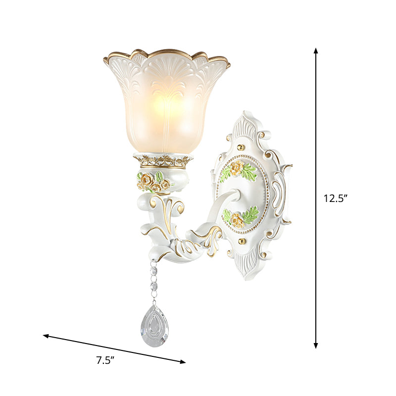 1/2-Light Bellflower Wall Light Sconce Vintage White Glass Wall Mount Fixture with Crystal Drop Clearhalo 'Wall Lamps & Sconces' 'Wall Lights' Lighting' 1400292