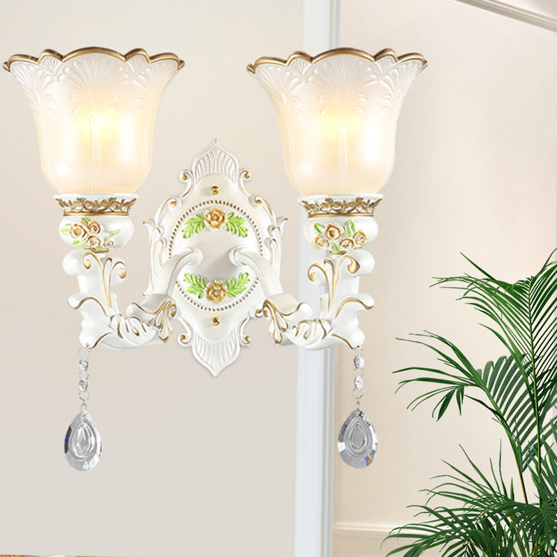 1/2-Light Bellflower Wall Light Sconce Vintage White Glass Wall Mount Fixture with Crystal Drop 2.0 White Clearhalo 'Wall Lamps & Sconces' 'Wall Lights' Lighting' 1400293