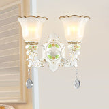 1/2-Light Bellflower Wall Light Sconce Vintage White Glass Wall Mount Fixture with Crystal Drop Clearhalo 'Wall Lamps & Sconces' 'Wall Lights' Lighting' 1400294