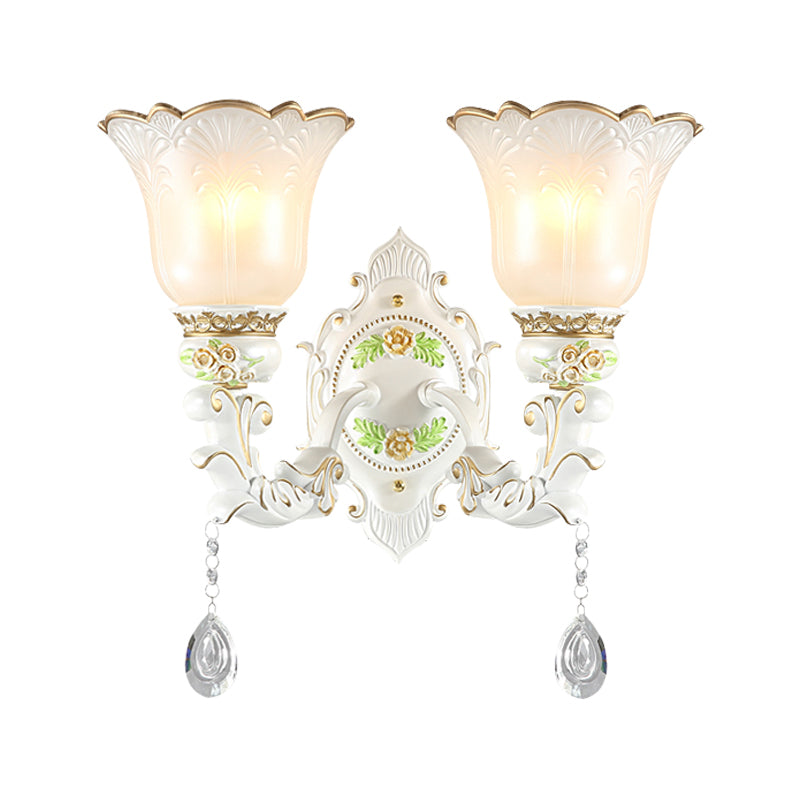 1/2-Light Bellflower Wall Light Sconce Vintage White Glass Wall Mount Fixture with Crystal Drop Clearhalo 'Wall Lamps & Sconces' 'Wall Lights' Lighting' 1400295