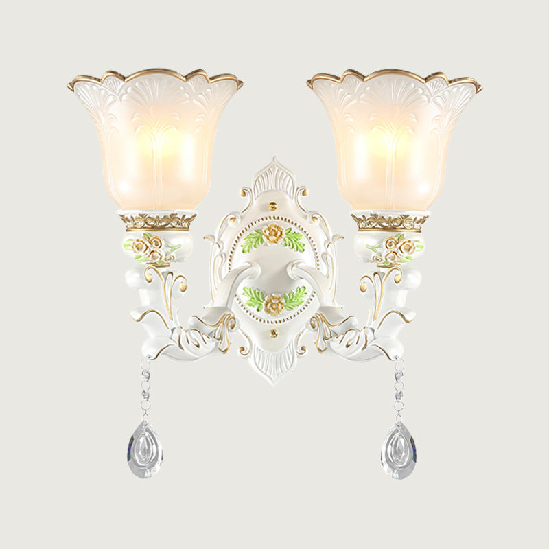 1/2-Light Bellflower Wall Light Sconce Vintage White Glass Wall Mount Fixture with Crystal Drop Clearhalo 'Wall Lamps & Sconces' 'Wall Lights' Lighting' 1400296