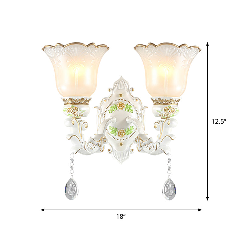 1/2-Light Bellflower Wall Light Sconce Vintage White Glass Wall Mount Fixture with Crystal Drop Clearhalo 'Wall Lamps & Sconces' 'Wall Lights' Lighting' 1400297