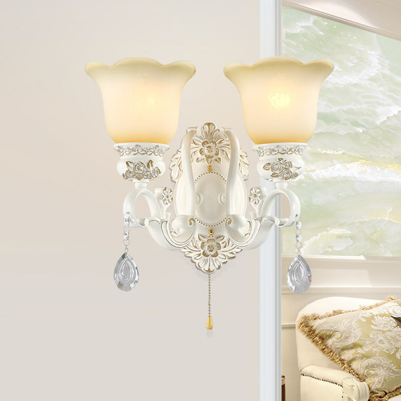 White Scalloped Wall Lighting Traditional Ivory Glass 1/2-Bulb Dining Room Sconce Light Fixture 2.0 White Clearhalo 'Wall Lamps & Sconces' 'Wall Lights' Lighting' 1400298