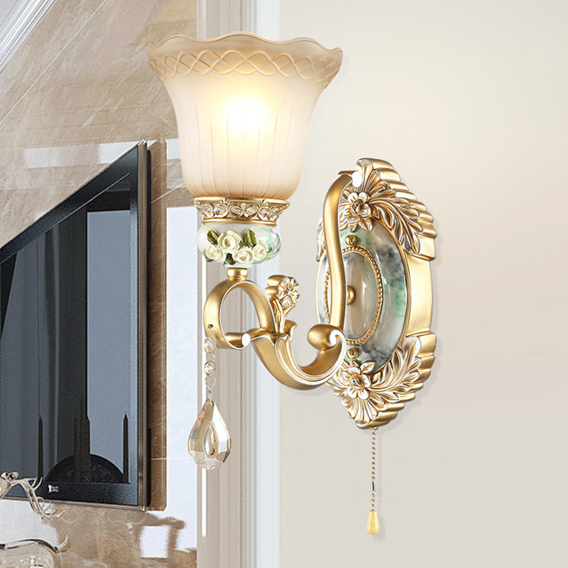 Wave-Trimmed Bell Opal Glass Wall Lamp Traditional 1/2-Head Living Room Sconce with Carved Rose Detail in Gold 1.0 Gold Clearhalo 'Wall Lamps & Sconces' 'Wall Lights' Lighting' 1400307