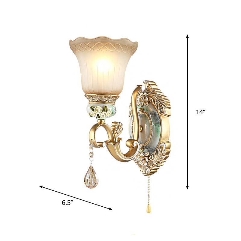 Wave-Trimmed Bell Opal Glass Wall Lamp Traditional 1/2-Head Living Room Sconce with Carved Rose Detail in Gold Clearhalo 'Wall Lamps & Sconces' 'Wall Lights' Lighting' 1400310